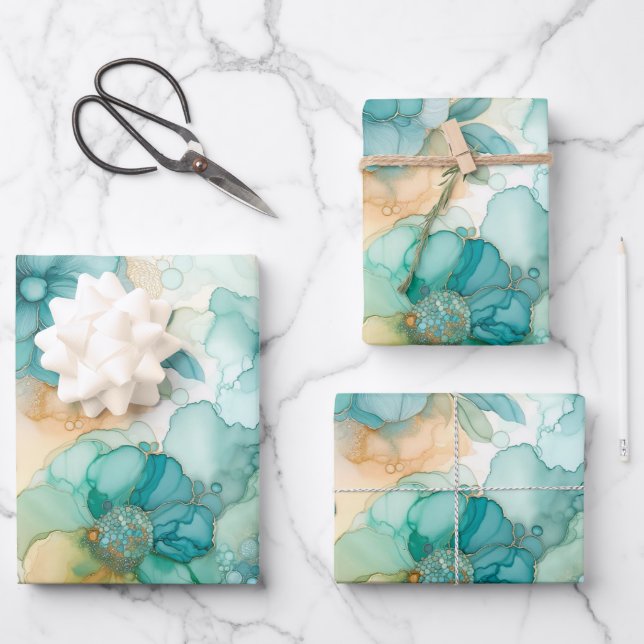 Aquamarin-gelbe Alkoholfarbe Illustration Großdruc Geschenkpapier Set (Vorderseite)