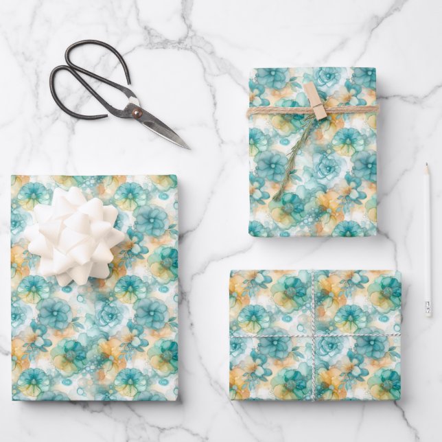 Aquamarin-gelbe Alkoholfarbe Illustration Kleine D Geschenkpapier Set (Vorderseite)