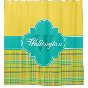 Aquamarin Gelbe Madras Kariert 1ICB Ribbon Name Duschvorhang