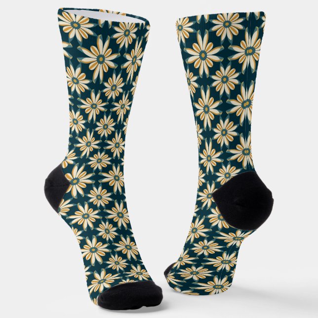 Aquamarin-Gelbe Retro-Daisy-Muster Crew Socken (Gewinkelt)