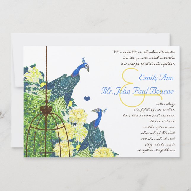 Aquamarin-Gelbe Vintage Pfauenvogel-Hochzeit Einladung (Vorderseite)