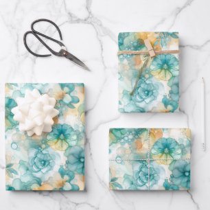 Aquamarin-gelbes Alkoholtupfer Tinte Illustration Geschenkpapier Set