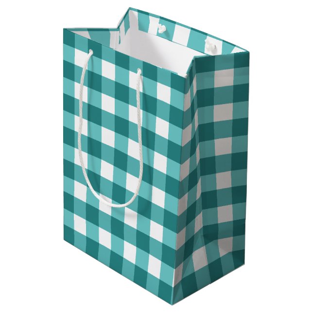 Aquamarin Gingham Mittlere Geschenktüte (Rückseite Schrägansicht)