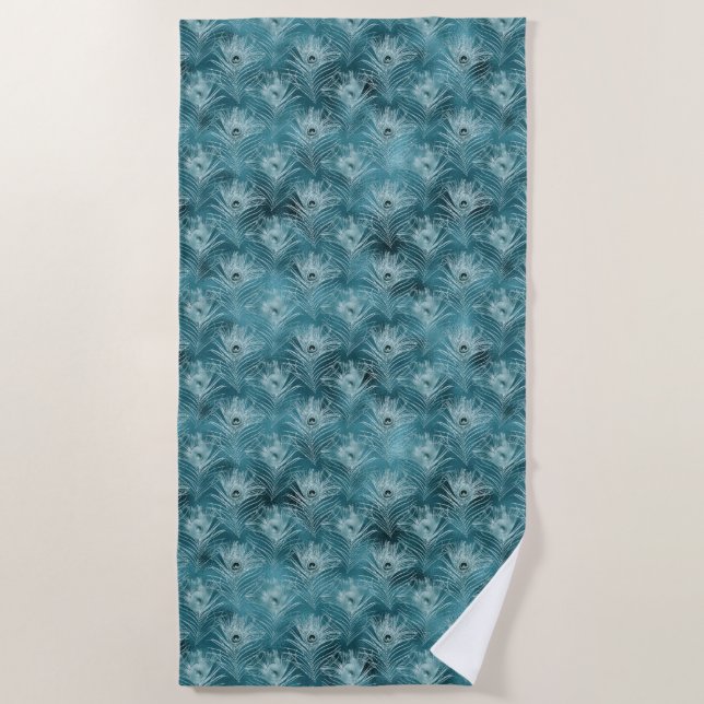 Aquamarin Glitzy Glam Peacock Feathers Strandtuch (Vorderseite)
