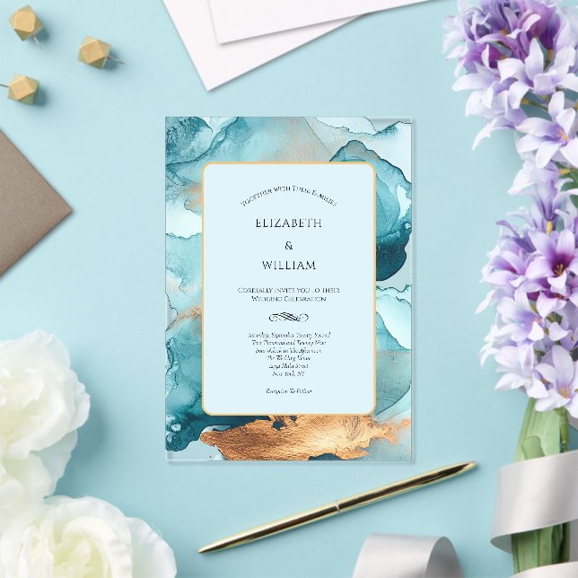 Aquamarin Gold Aquarell Alkohol Tinte Moderne Hoch Acryleinladungen (In Situ (Hochzeit))