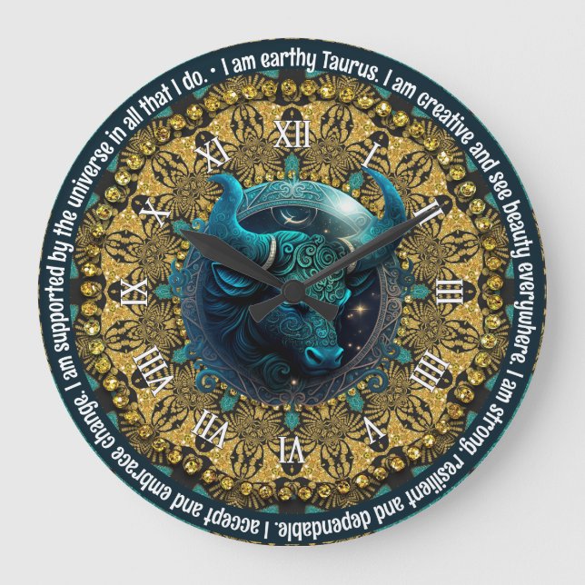 Aquamarin+Gold Astrologie Nachweise Taurus Zodiac Große Wanduhr (Vorderseite)