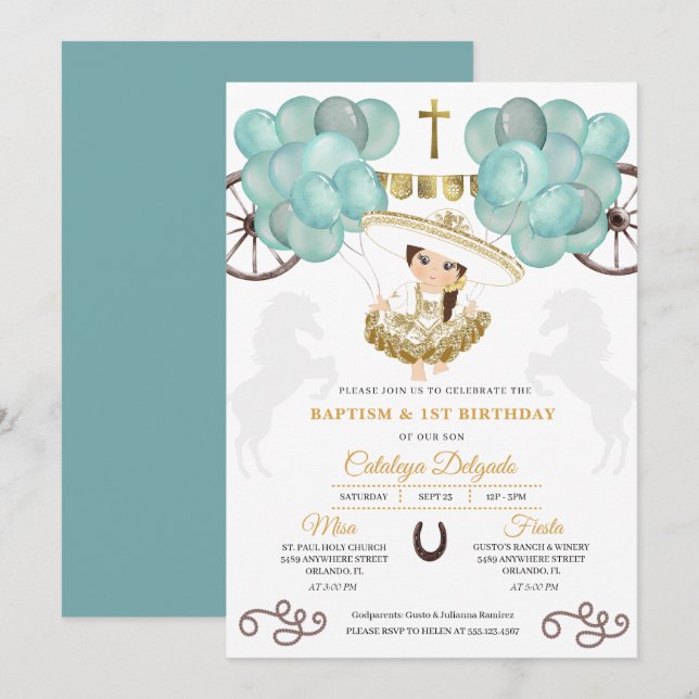 Aquamarin & Gold Baby Charra Mexican Balloons Tauf Einladung (Vorne/Hinten)