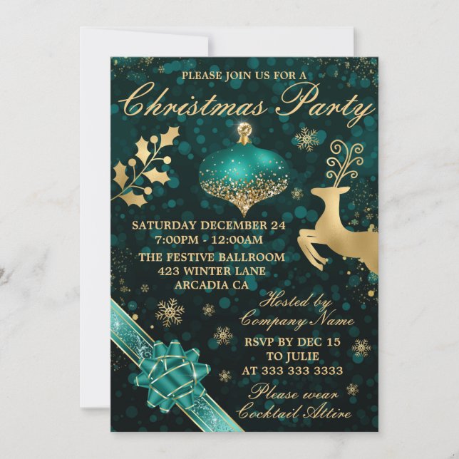 Aquamarin & Gold Bauble & Ribbon Weihnachts-Party Einladung (Vorderseite)