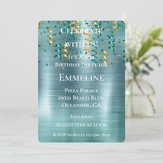 Aquamarin Gold Confetti Birthday Einladung (Stehend Vorderseite)