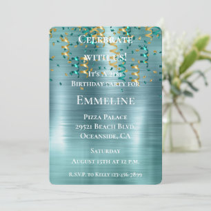 Aquamarin Gold Confetti Birthday Einladung