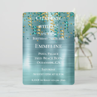 Aquamarin Gold Confetti Birthday Einladung