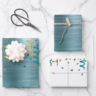 Aquamarin Gold Confetti Birthday Geschenkpapier Set