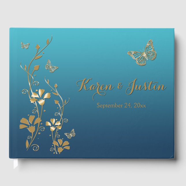 Aquamarin, Gold Floral, Butterfly Wedbook Gästebuch (Vorderseite)