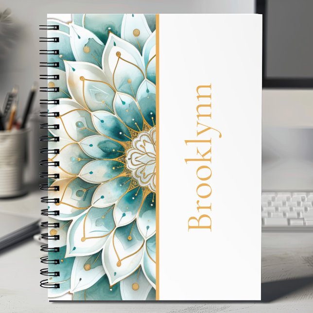Aquamarin Gold Floral Mandala Personalisiert Notizbuch (Von Creator hochgeladen)