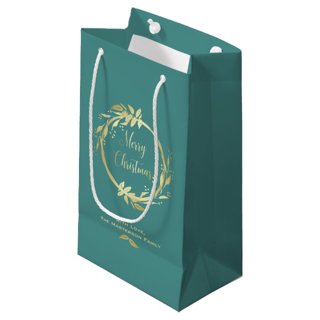 Aquamarin Gold Frohe Weihnachts-Weihnachtsfeiertag Kleine Geschenktüte (Vorderseite Schrägansicht)