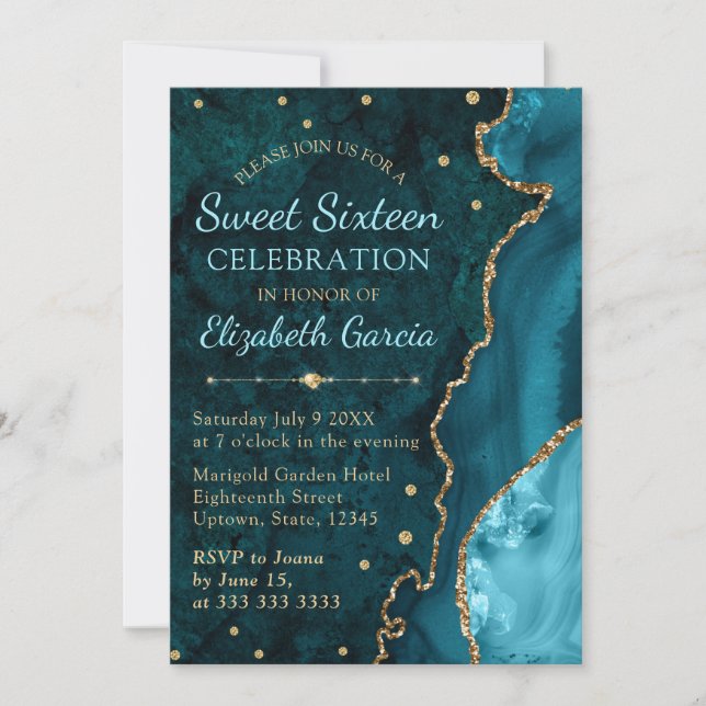 Aquamarin & Gold Glitzer Agate und Marmor Sweet 16 Einladung (Vorderseite)