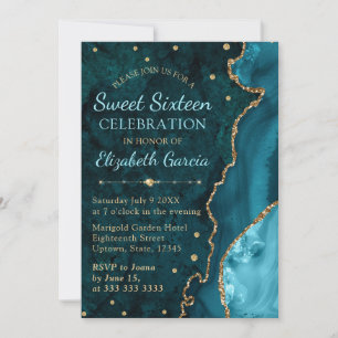 Aquamarin & Gold Glitzer Agate und Marmor Sweet 16 Einladung