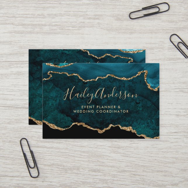Aquamarin & Gold-Glitzer-Aquarellfarben Visitenkarte (Vorderseite/Rückseite Beispiel)