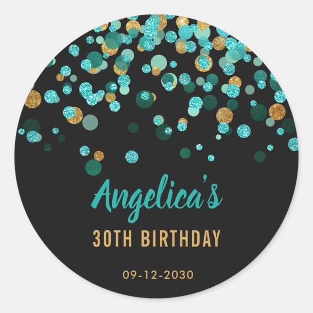 Aquamarin Gold Glitzer Confetti Black Birthday Gef Runder Aufkleber (Vorderseite)