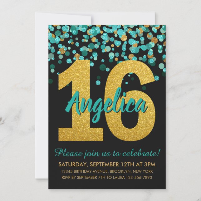 Aquamarin Gold Glitzer Confetti Black Sweet 16 Geb Einladung (Vorderseite)