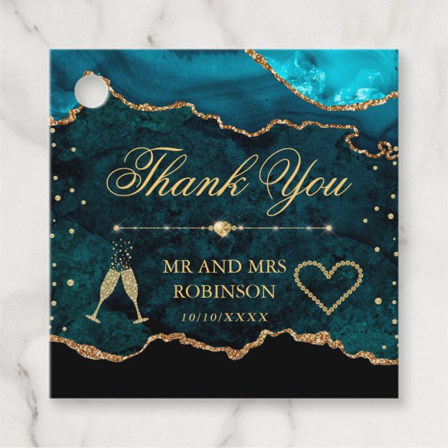 Aquamarin & Gold Glitzer Marble Agate Wedding Geschenkanhänger (Vorderseite)