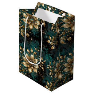 Aquamarin & Gold Grunge Floral Mittlere Geschenktüte