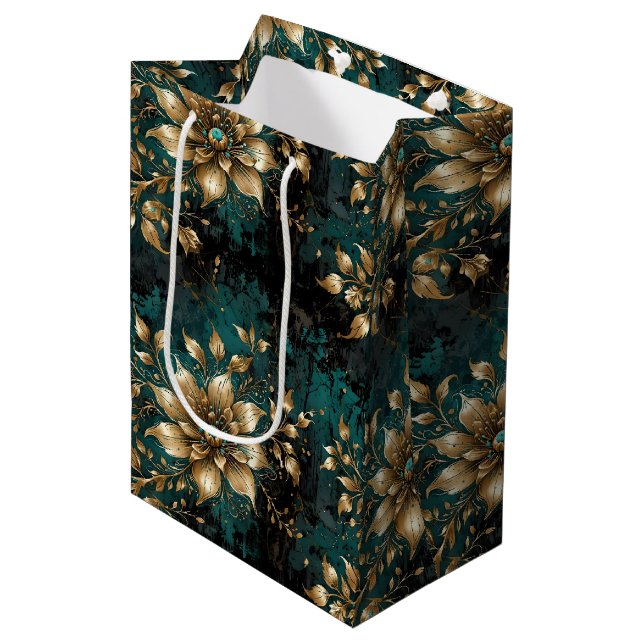Aquamarin & Gold Grunge Floral Mittlere Geschenktüte (Vorderseite Schrägansicht)
