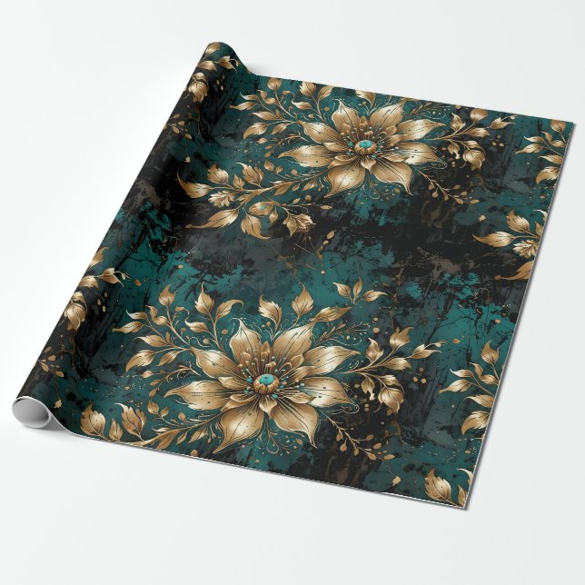 Aquamarin & Gold Grunge Florals Geschenkpapier (Ungerollt)