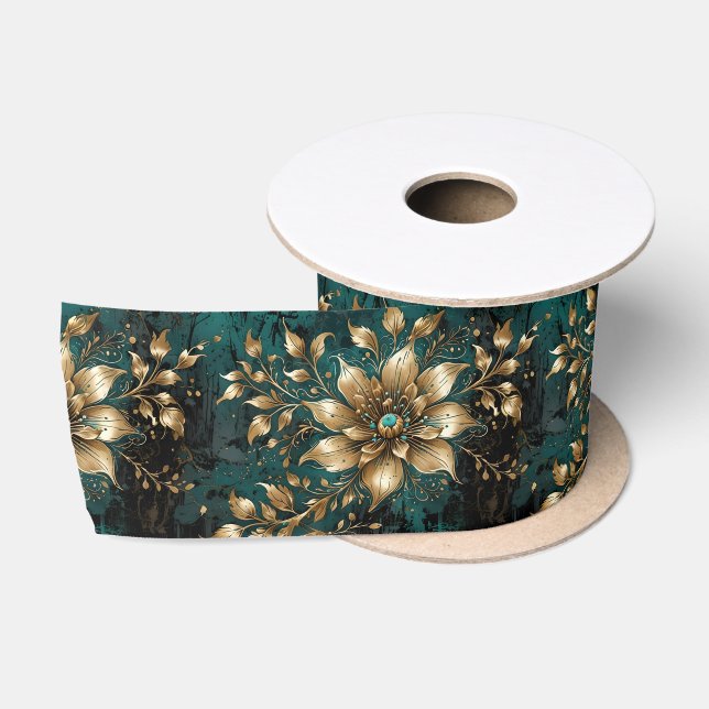 Aquamarin & Gold Grunge Florals Satinband (Spule)