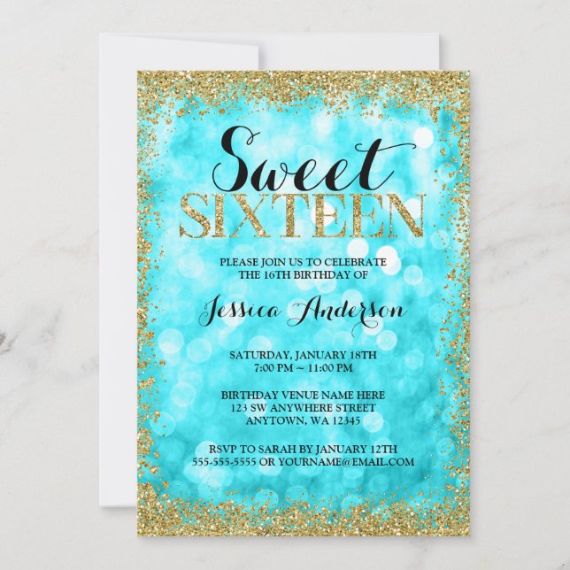 Aquamarin Gold Imitate Glitzer Lights Sweet 16 Geb Einladung (Vorderseite)