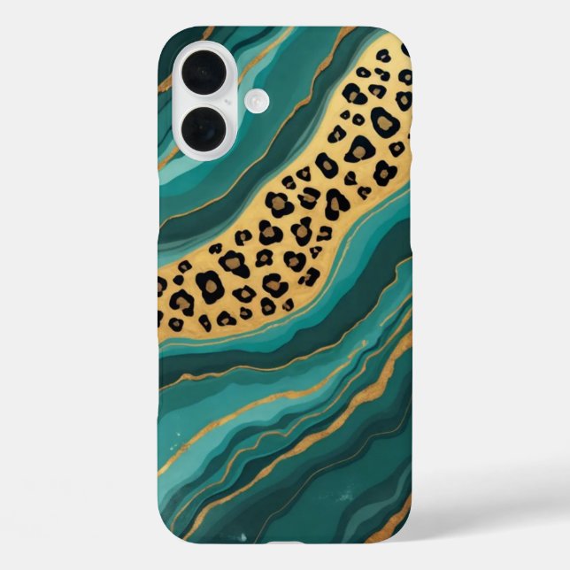 Aquamarin & Gold Leopard Agate iPhone 16 Plus Hülle (Rückseite)