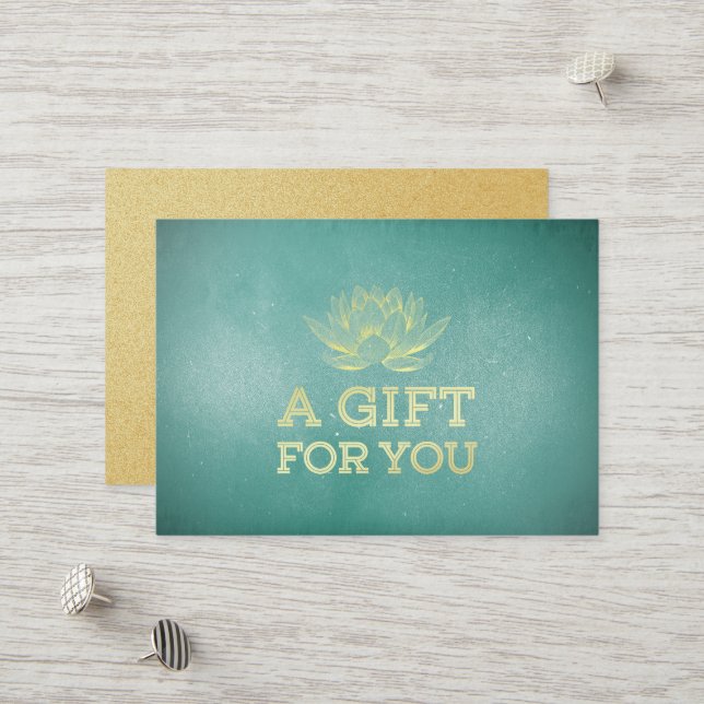 Aquamarin- & Gold Lotus YOGA Instructor Geschenkgu Rabattkarte (Vorderseite/Rückseite Beispiel)