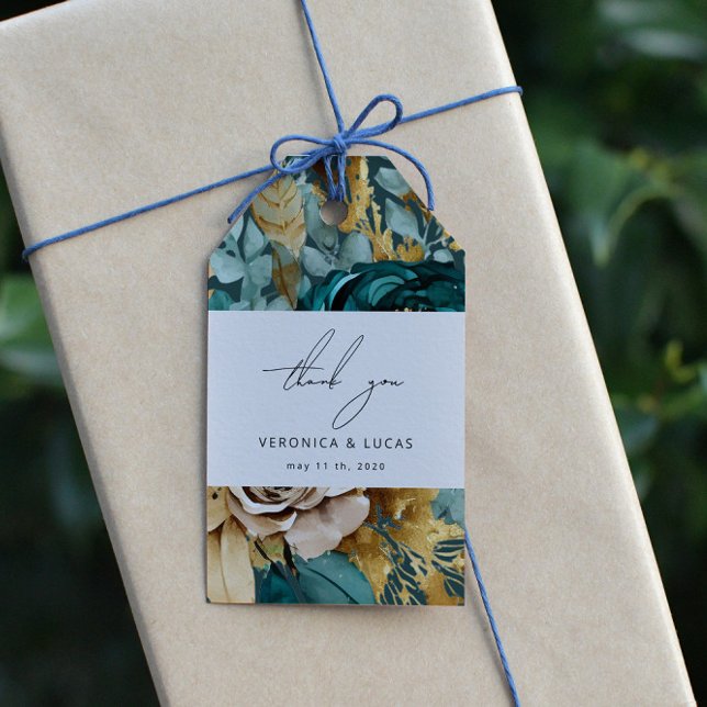 Aquamarin Gold Luxe Floral Wedding Vielen Dank für Geschenkanhänger (Von Creator hochgeladen)