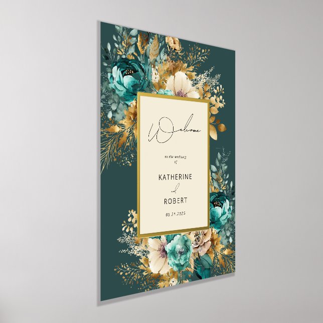 Aquamarin Gold Luxe Floral Wedding Willkommen Foliendrucke (Ablage )