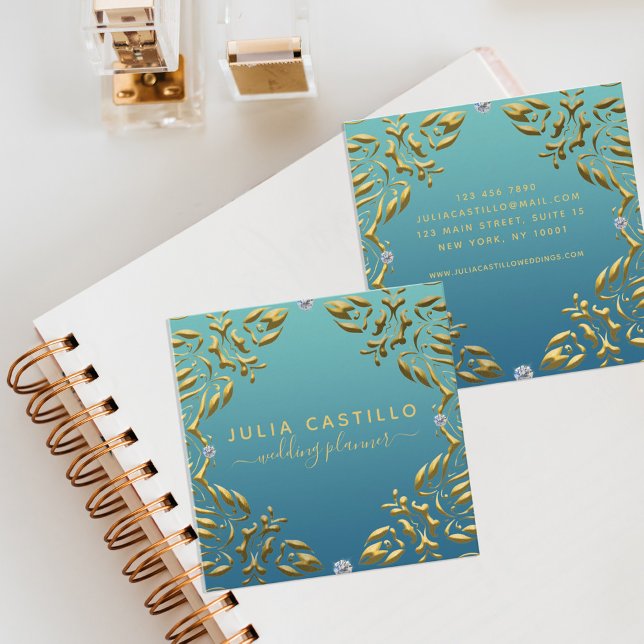 Aquamarin Gold Luxury Glam Elegantes Kalligrafie-S Quadratische Visitenkarte (Von Creator hochgeladen)