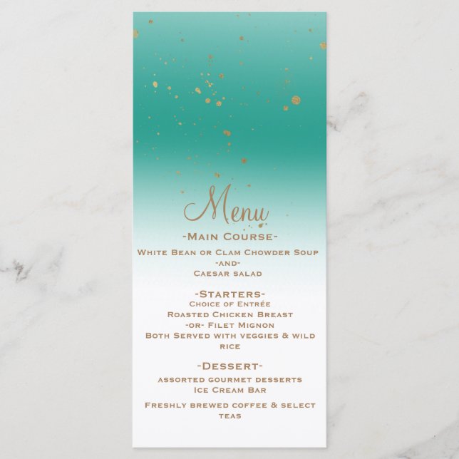 Aquamarin Gold Modern Glam Confetti Party Wedding  Menükarte (Vorderseite)