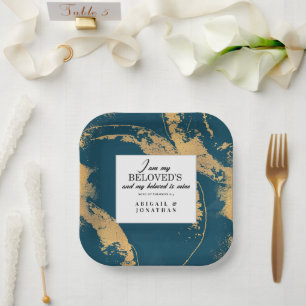 Aquamarin Gold Moderne Art Wedding Bible Verse Pappteller