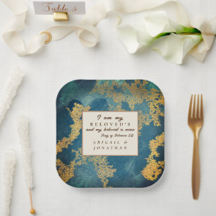 Aquamarin Gold Moderne Art Wedding Bible Verse Pappteller