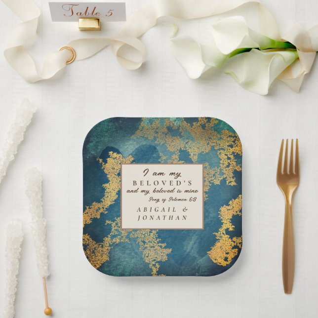 Aquamarin Gold Moderne Art Wedding Bible Verse Pappteller (Hochzeit)