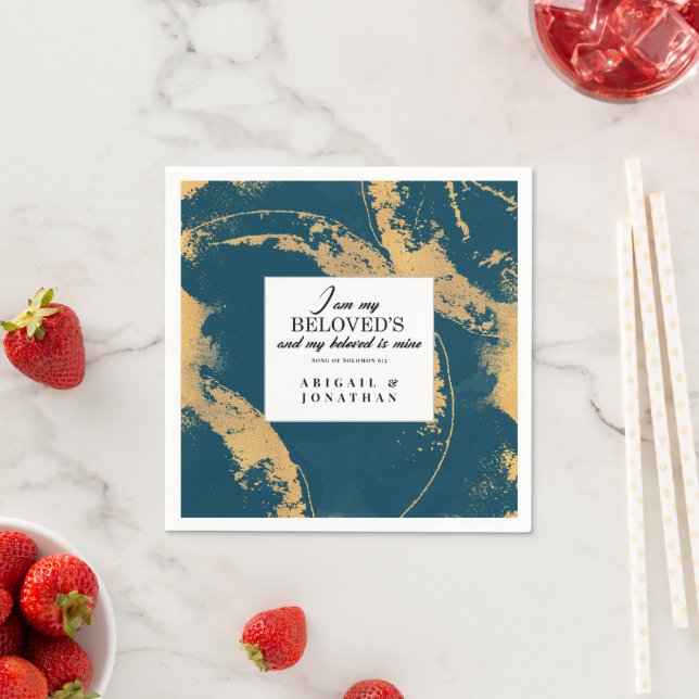 Aquamarin Gold Moderne Art Wedding Bible Verse Serviette (Beispiel)
