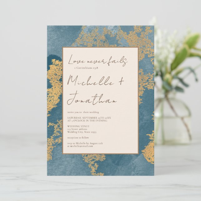 Aquamarin Gold Moderne Christliche Verse Hochzeit Einladung (Stehend Vorderseite)