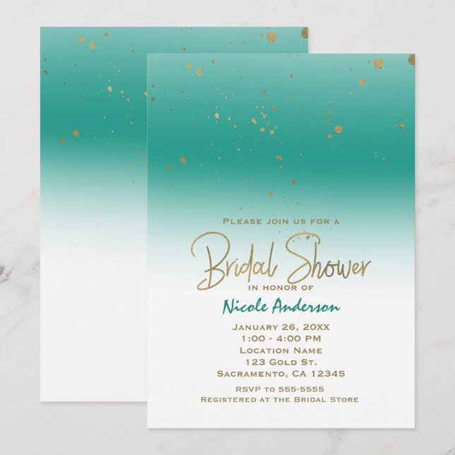 Aquamarin & Gold Modernes Glam BRAUTPARTY Elegante Einladung (Vorne/Hinten)
