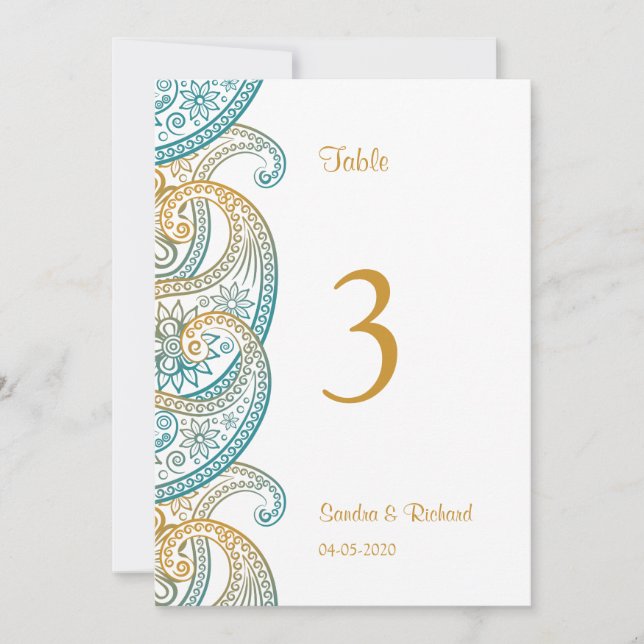 Aquamarin & Gold Paisley Indian Wedding Tischnumme Einladung (Vorderseite)