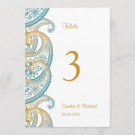 Aquamarin & Gold Paisley Indian Wedding Tischnumme Einladung