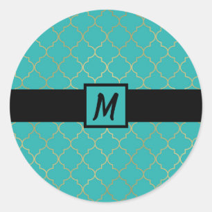 Aquamarin & Gold Quatrefolien Mit Monogramm Party Runder Aufkleber