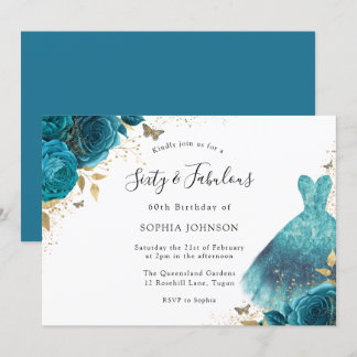 Aquamarin & Gold Sparkle Dress Rose 60. Geburtstag Einladung