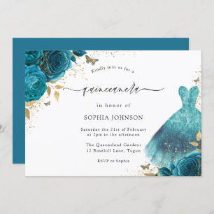 Aquamarin & Gold Sparklorekleid Rose Quinceanera P Einladung