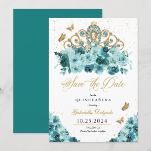 Aquamarin & Gold Tiara Save the Date Quinceañera Einladung