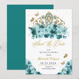 Aquamarin & Gold Tiara Save the Date Quinceañera Einladung