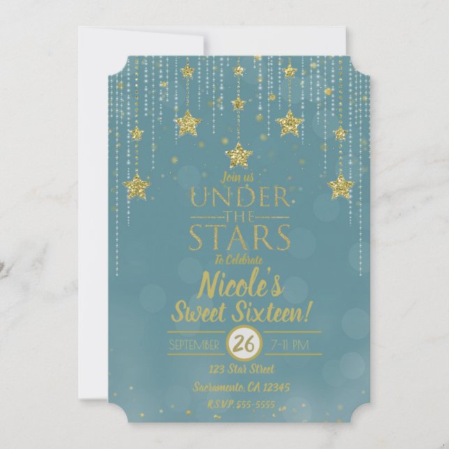 Aquamarin & Gold unter den Sternen Starry Sweet 16 Einladung (Vorderseite)